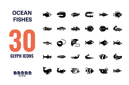 30 Ocean Fishes Glyph, Solid Icons