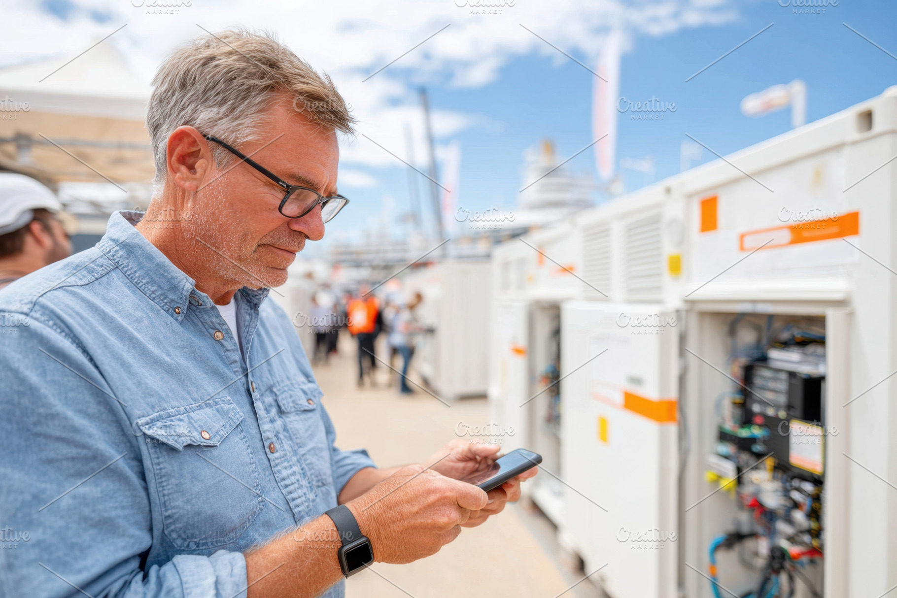 Man interacting with outdoor electrical control panel, an Industrial Photo by AlyaAnd