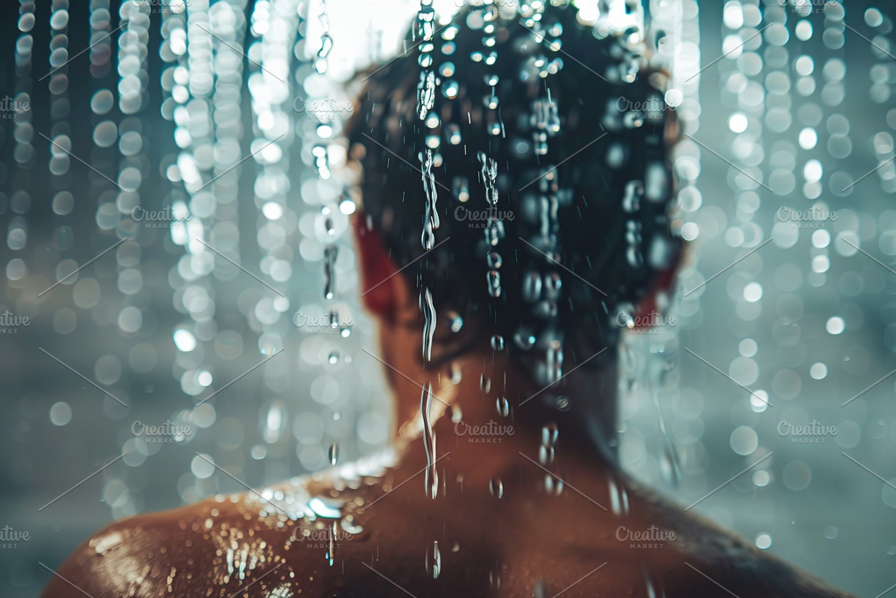 Back view of young man taking a shower from showerhead in the bathroom, a Person Photo by AlyaAnd
