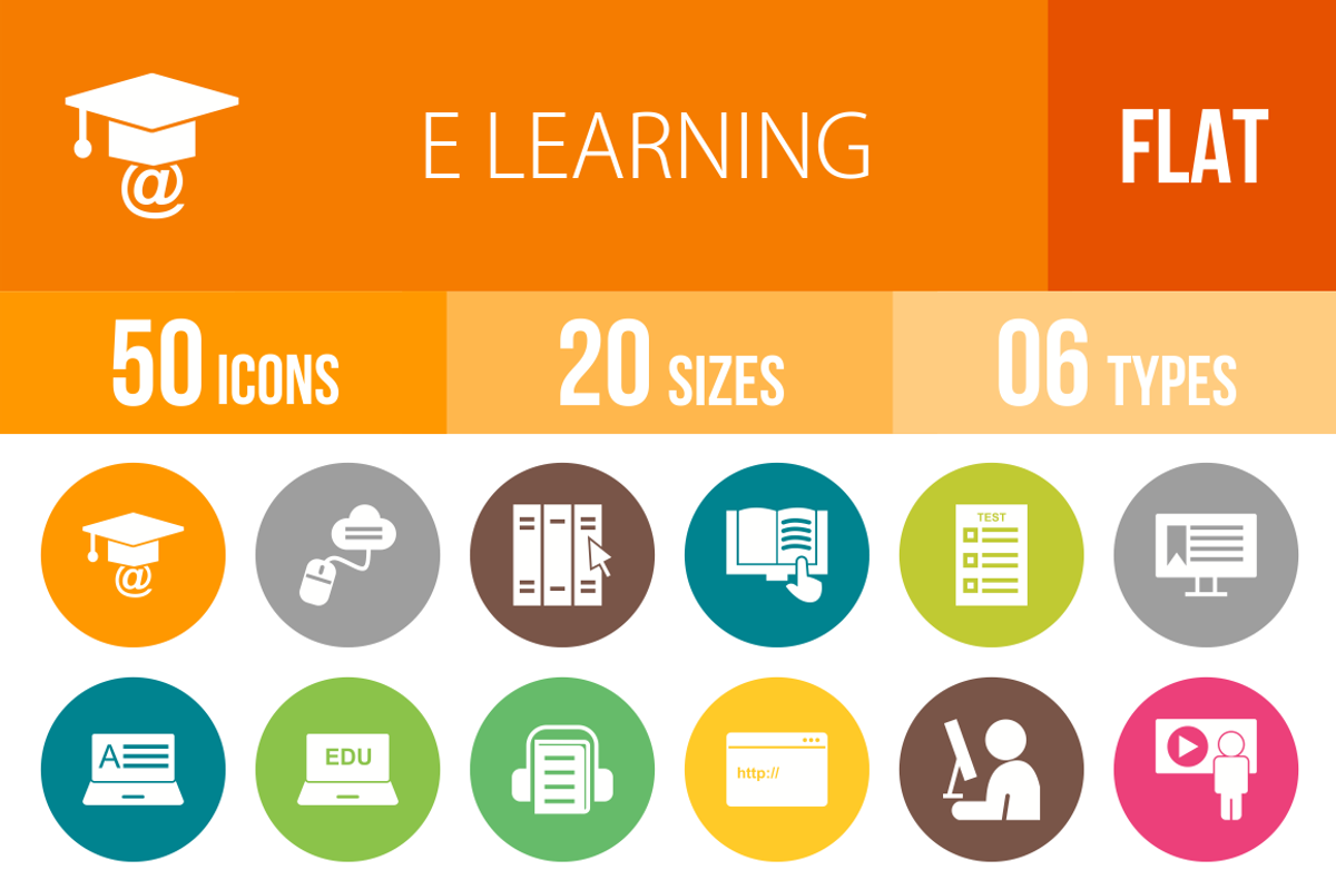 50 E Learning Flat Round Icons, a Graphic by IconBunny