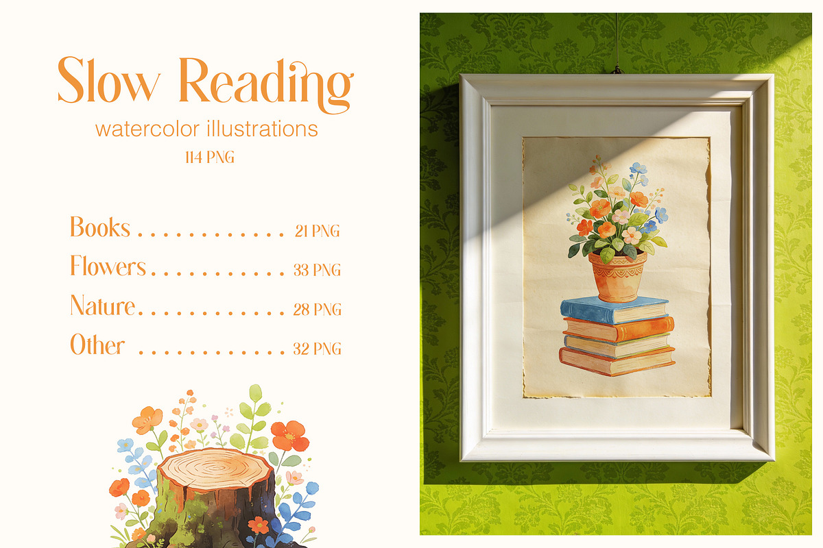 Slow Reading. Watercolor clipart, an Education Illustration by Polli Deeva (Photo 2 of 12)