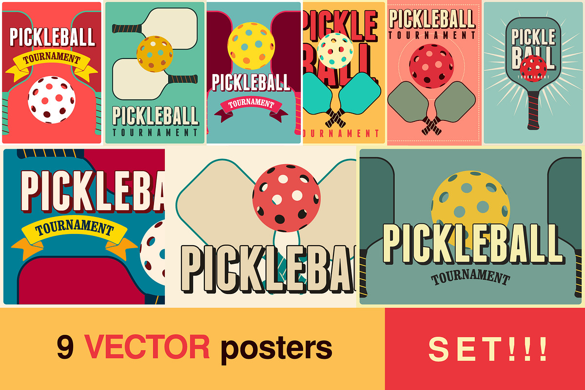 Pickleball retro vector poster set., a Sport Illustration by PoPaShop (Photo 1 of 10)