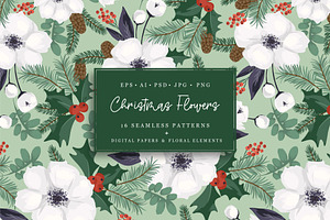 Christmas Flowers. Seamless Patterns