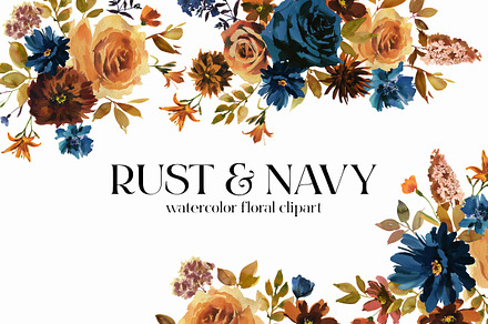 Fall Floral Clipart Navy Rust, a Decorative Illustration by whiteheartdesign