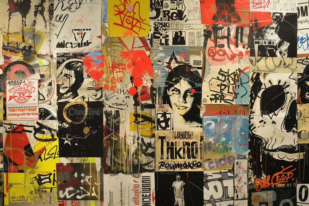 A vibrant collage of urban street art featuring various graffiti styles, poster, a Background Graphic by Textures & Backgrounds