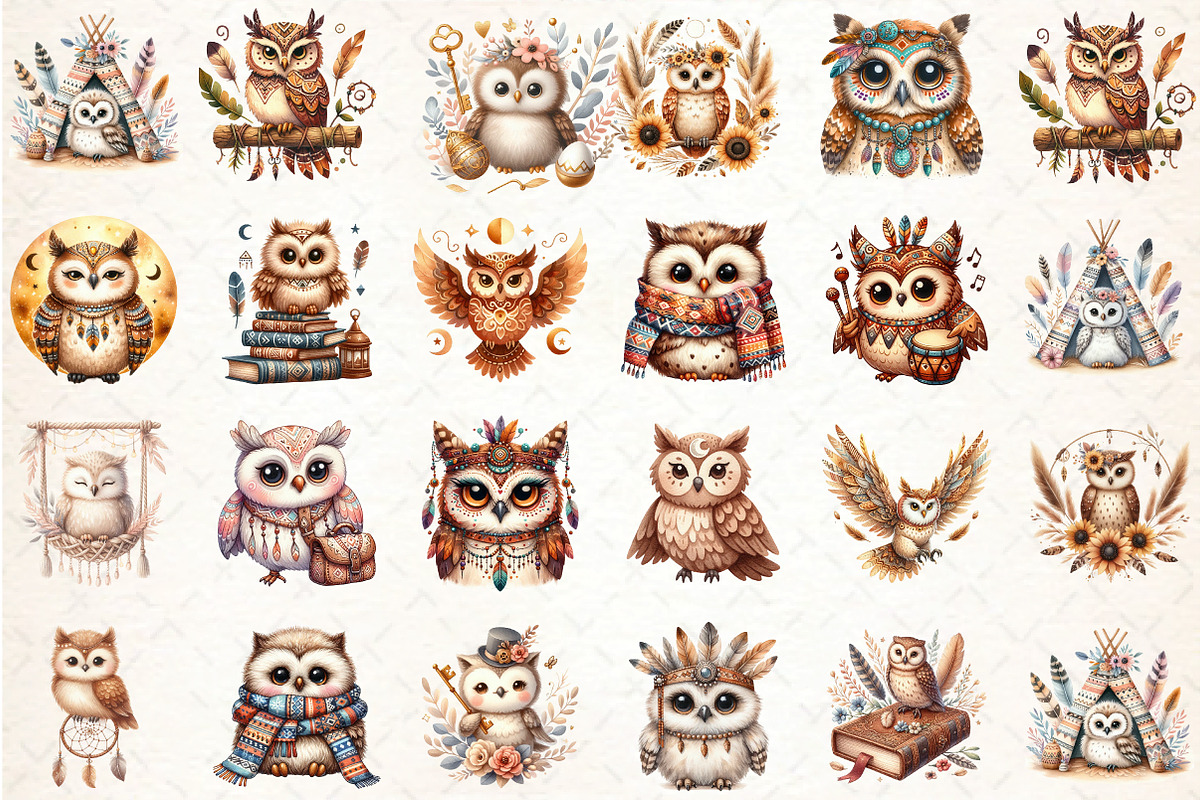 Watercolor Owl Boho Clipart, an Illustration by DreamCafeArt (Photo 2 of 6)