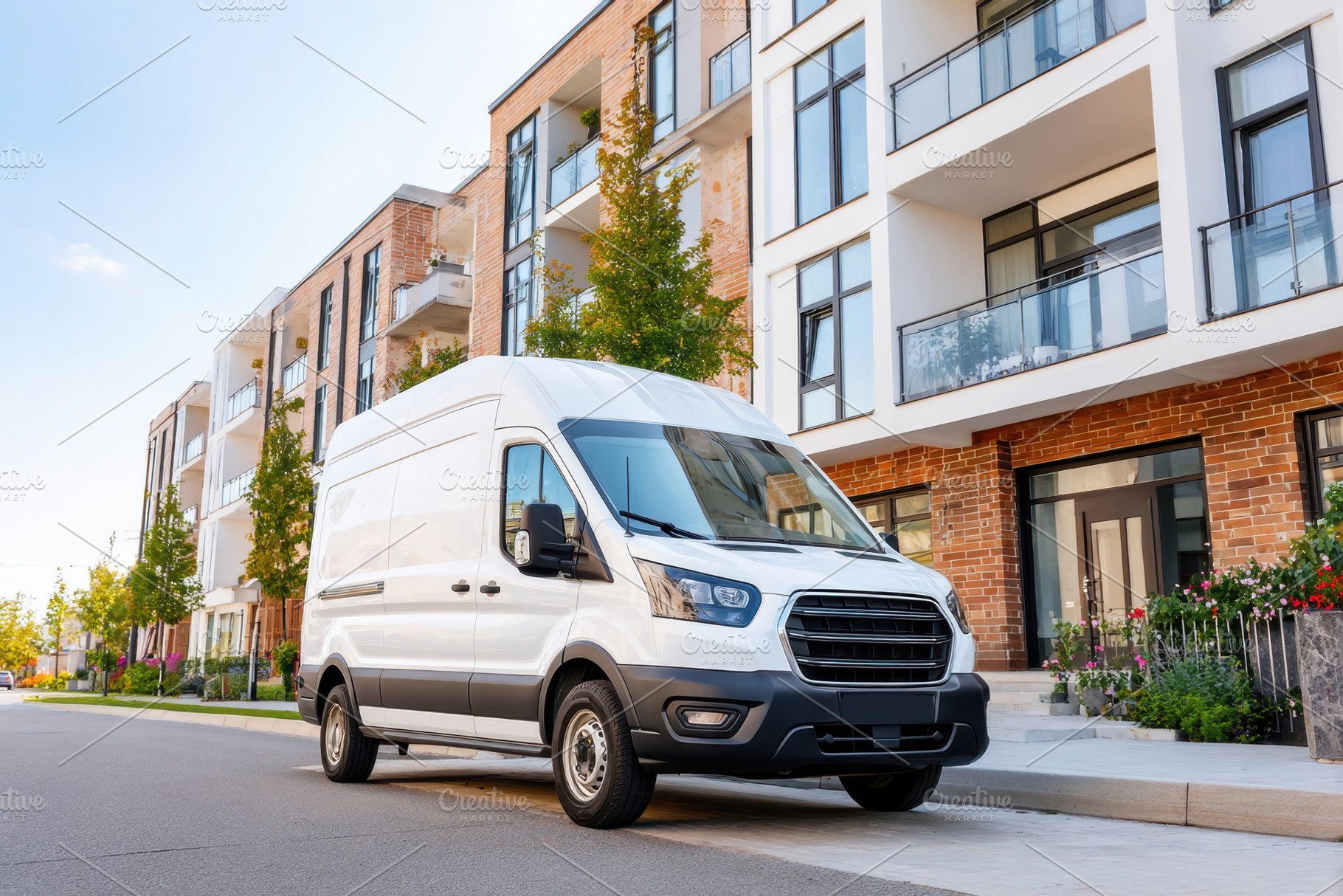 White delivery van in urban residential area, a Transportation Photo by AlyaAnd