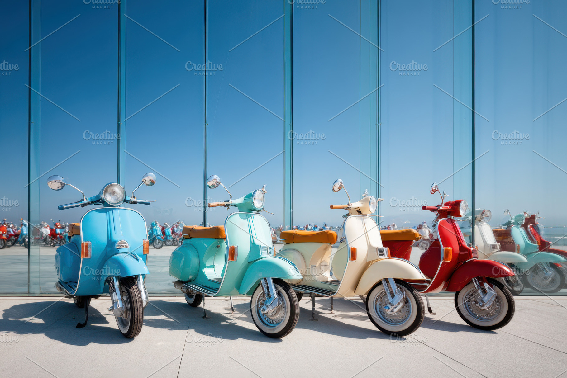 Colorful scooters parked by a glass building, a Transportation Photo by AlyaAnd