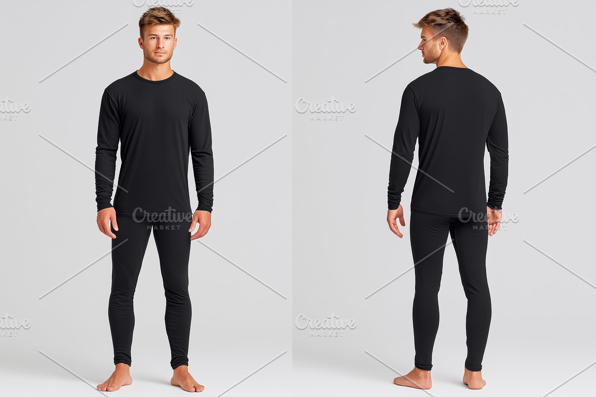 A male model showcases a black long-sleeve thermal top and matching leggings sp, a Hoody Mockup by Textures & Backgrounds