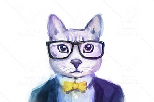 Watercolor Hipster Animals Cat