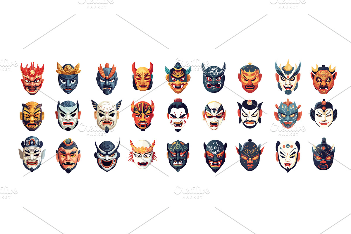 Cartoon asian demon masks. Tengu, an Object Illustration by Stock-Smart-Start