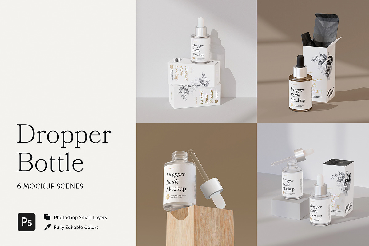 Frosted Glass Dropper Bottle Mockups, a Packaging Mockup by Wildfield Studio (Photo 1 of 13)