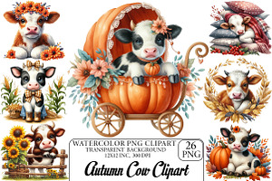 Watercolor Autumn Cow Clipart, an Illustration by DreamPrint404