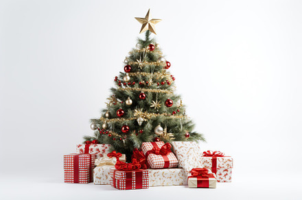 Decorated christmas fir tree with gift boxes on white background, a Holiday Photo by AlyaAnd