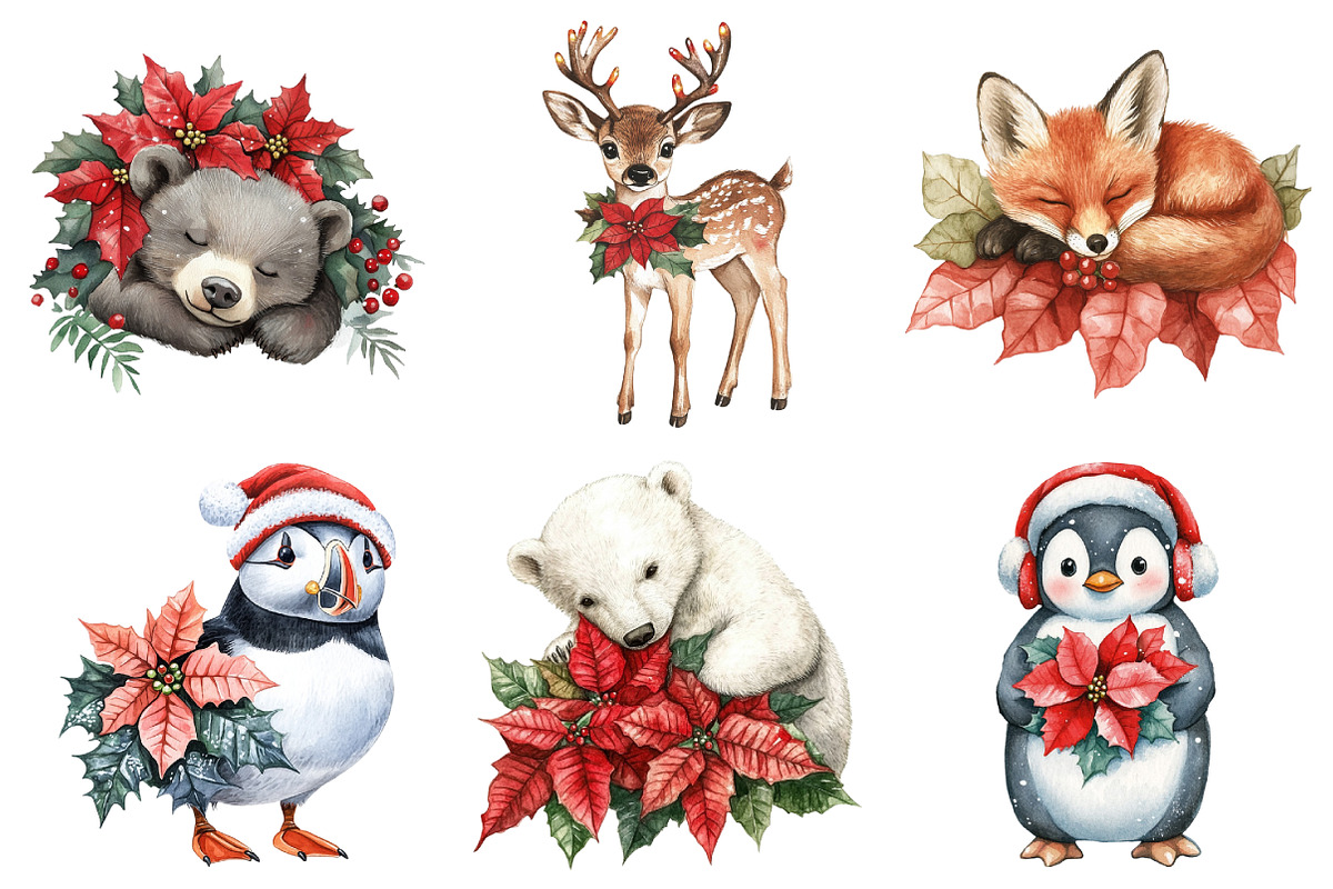 Christmas Animals and Poinsettia, an Illustration by Daily.Designs (Photo 3 of 5)