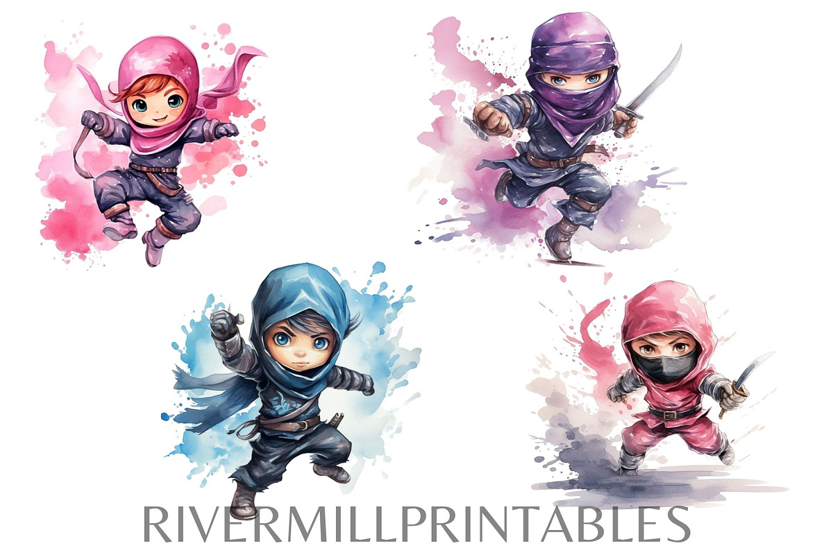 Cute Cartoon Ninja Clipart Pack, a Person Illustration by Rivermill Printables (Photo 4 of 5)