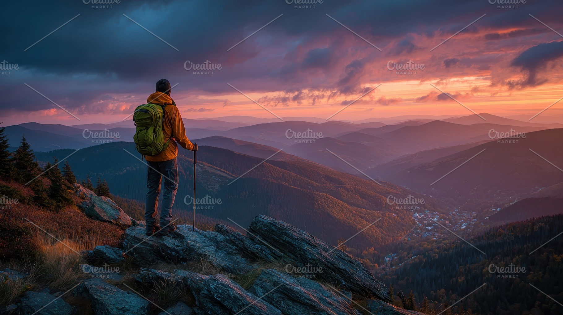 Hiker admires sunset mountain view m, a Photo by Pixeness Studio