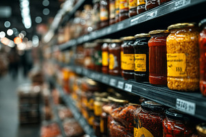Close-up of jars and condiments on supermarket shelves in a busy grocery store, a Photo by AS photostudio