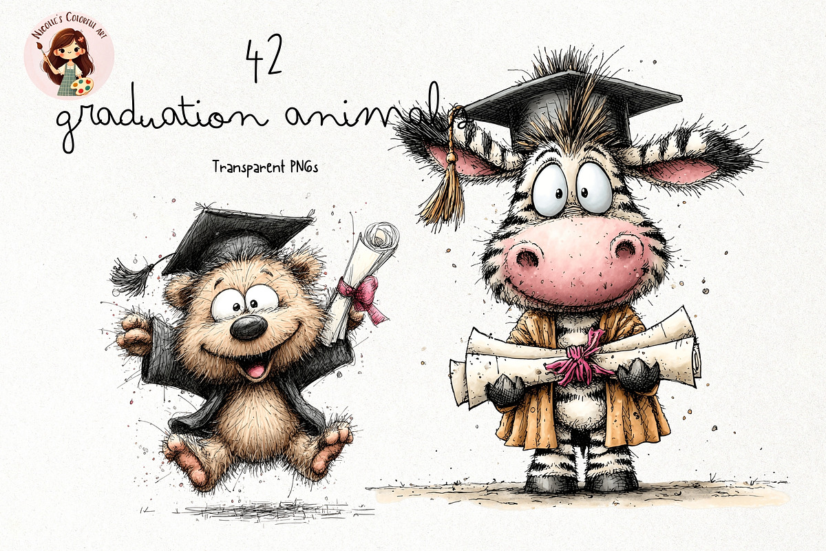 Graduation Animals Clipart PNG Set, an Animal Illustration by Nicolle's Colorful Art (Photo 1 of 4)