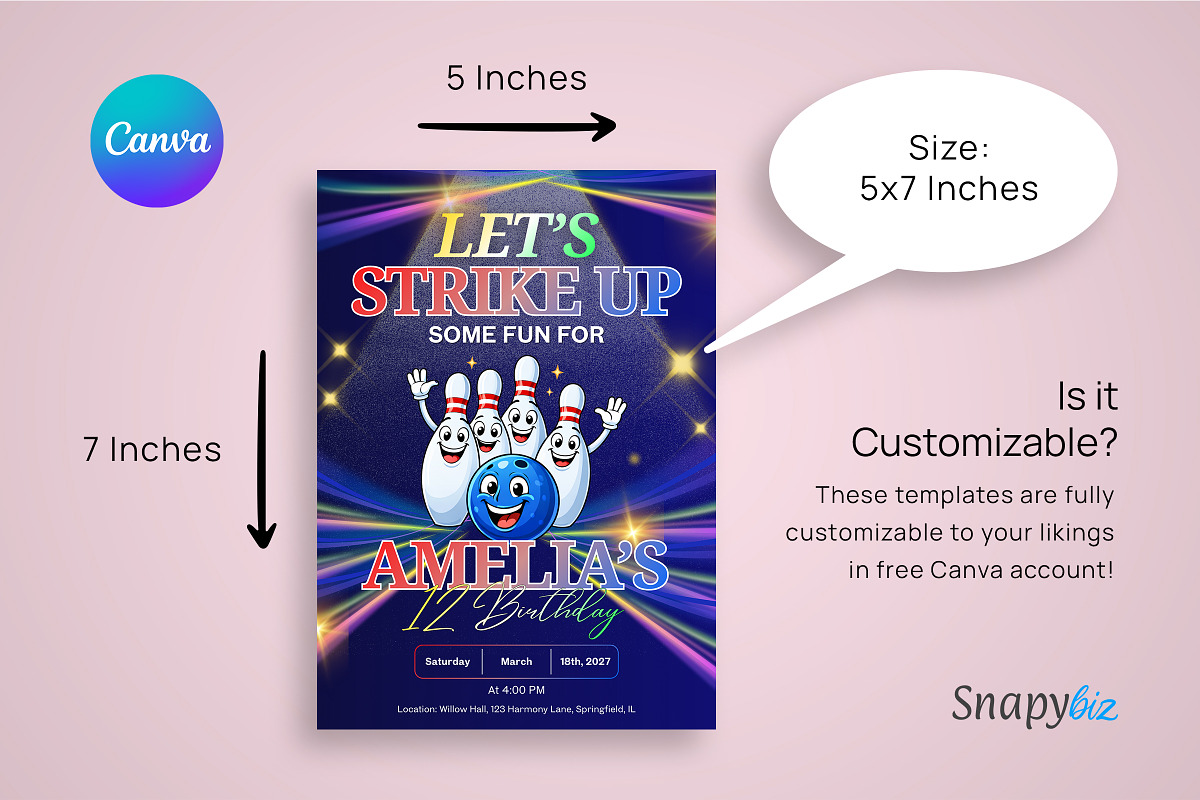 Editable Bowling Birthday Invitation, a Design Template by Snapybiz (Photo 4 of 9)