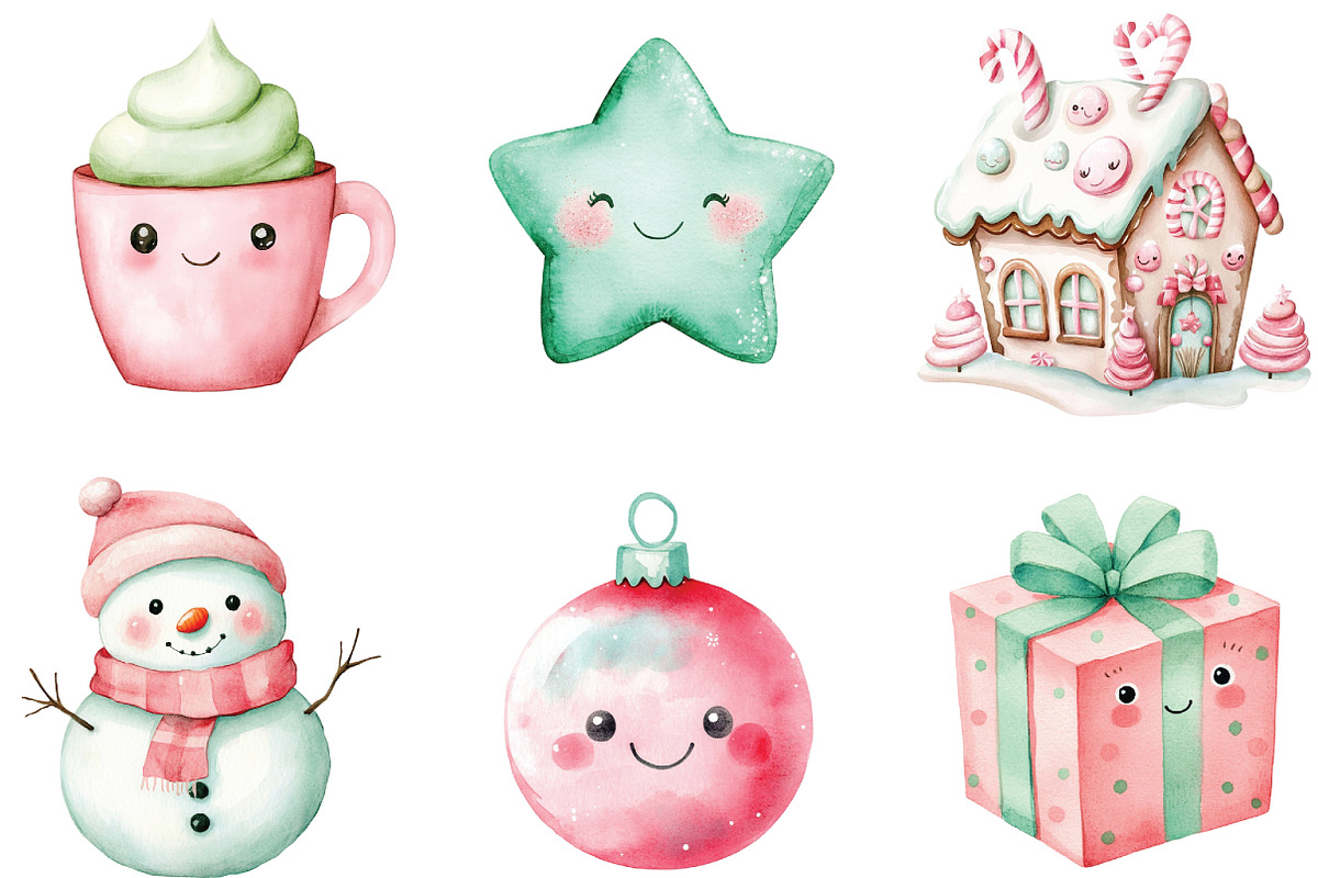 Kawaii Pink Mint Christmas Clipart, an Illustration by CraftArtStudio (Photo 3 of 6)