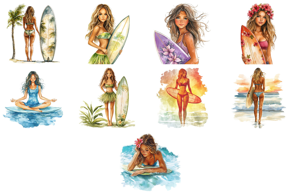 Aloha Surfing Girl Clipart Set, an Illustration by Craft Nest (Photo 3 of 4)