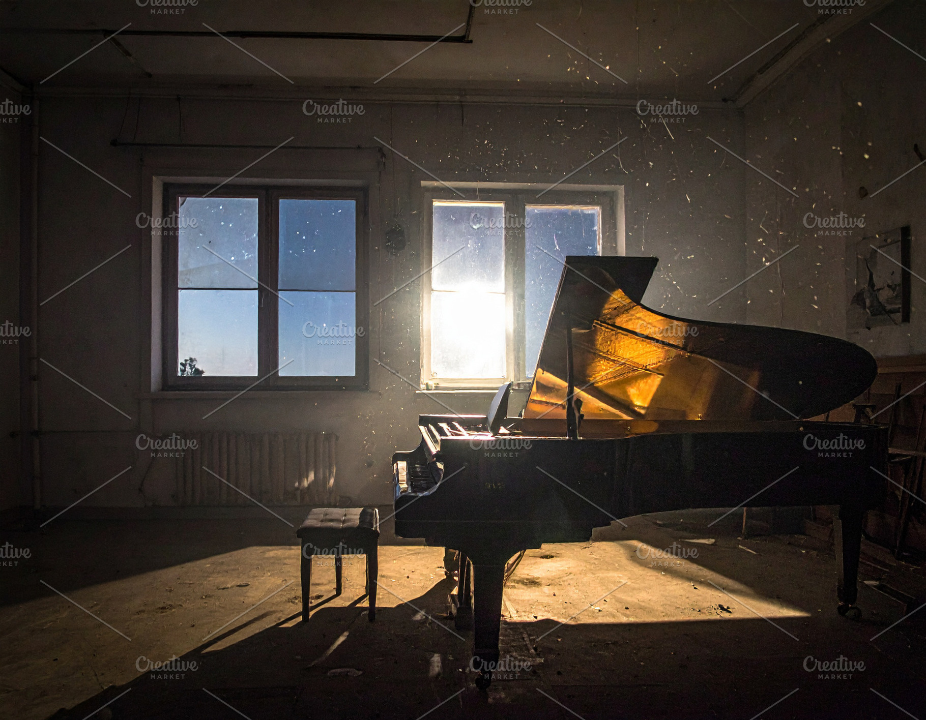 Dark room with grand piano and light, an Architecture Photo by DanFLCreativo