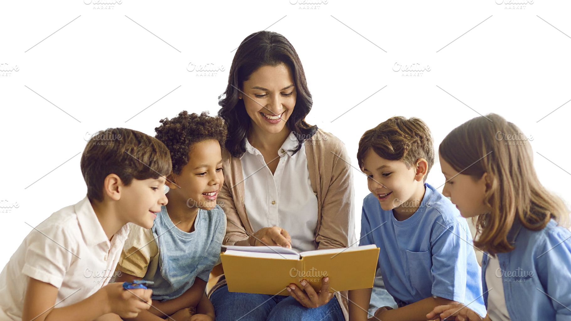 Teacher with a small group of children pointing at a workbook, a School & Education Photo by DanFLCreativo