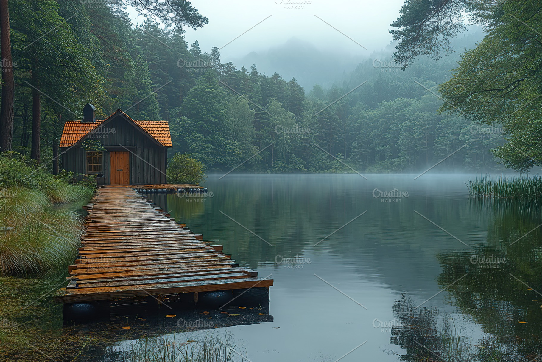 Modern wooden pier with lake view, a Nature Photo by AlyaAnd
