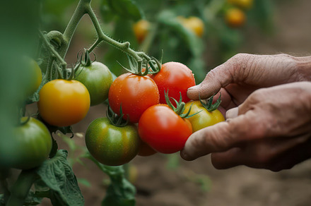 hands picking tomato, a Food & Drink Photo by MarioStock Digital