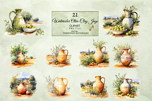 Watercolor Olive Clay Jugs Clipart