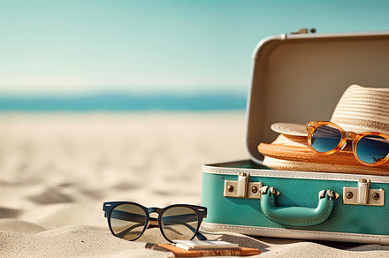 Suitcase with sunglasses and hat on sandy beach. Travel concept., a Holiday Photo by AS photostudio