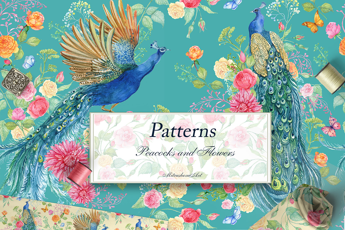 Seamless patterns .Peacocks  Flower, a Pattern Graphic by MitrushovaArt (Photo 1 of 10)