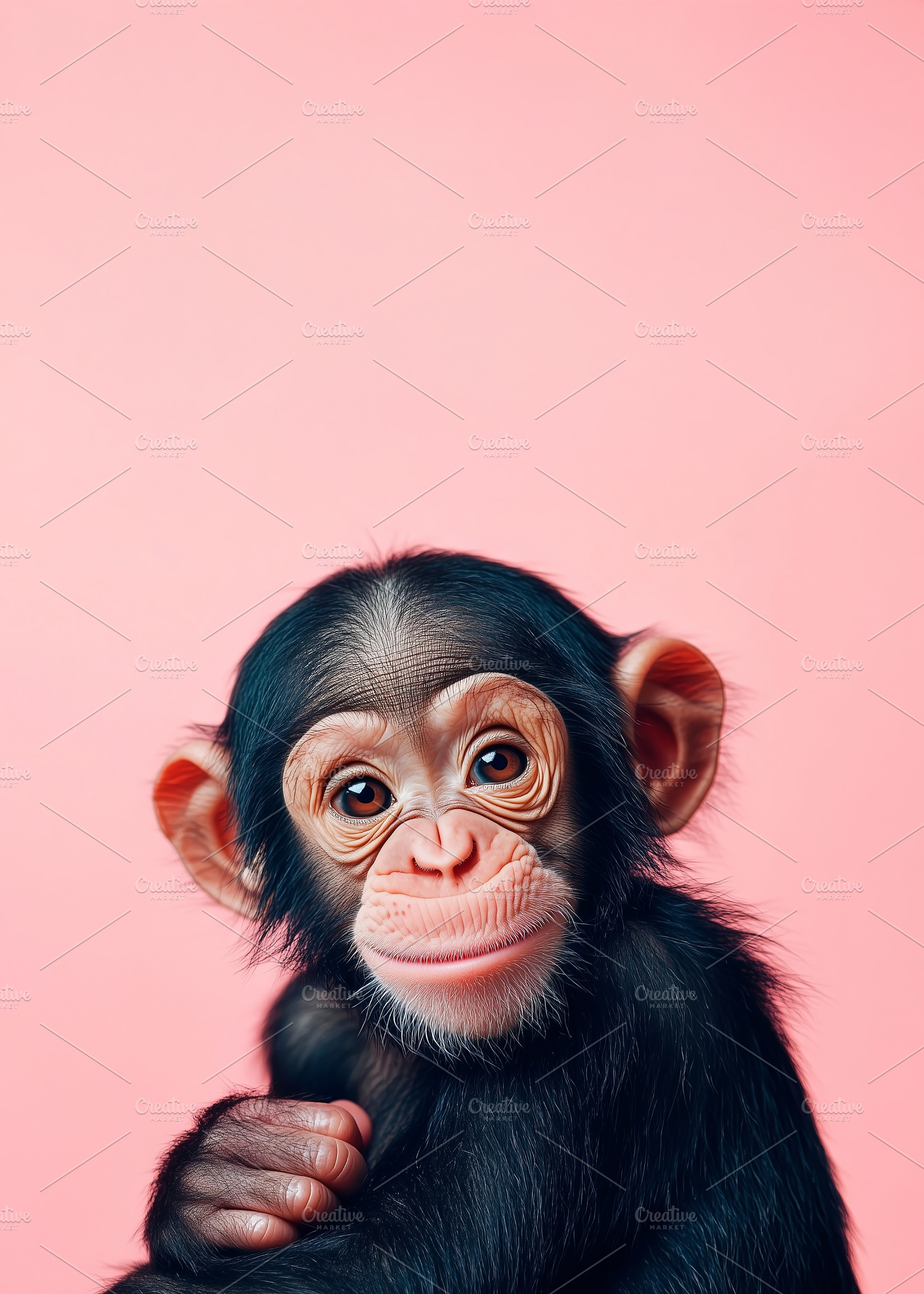 Baby chimp on a pink background, a Photo by Elles Rijsdijk