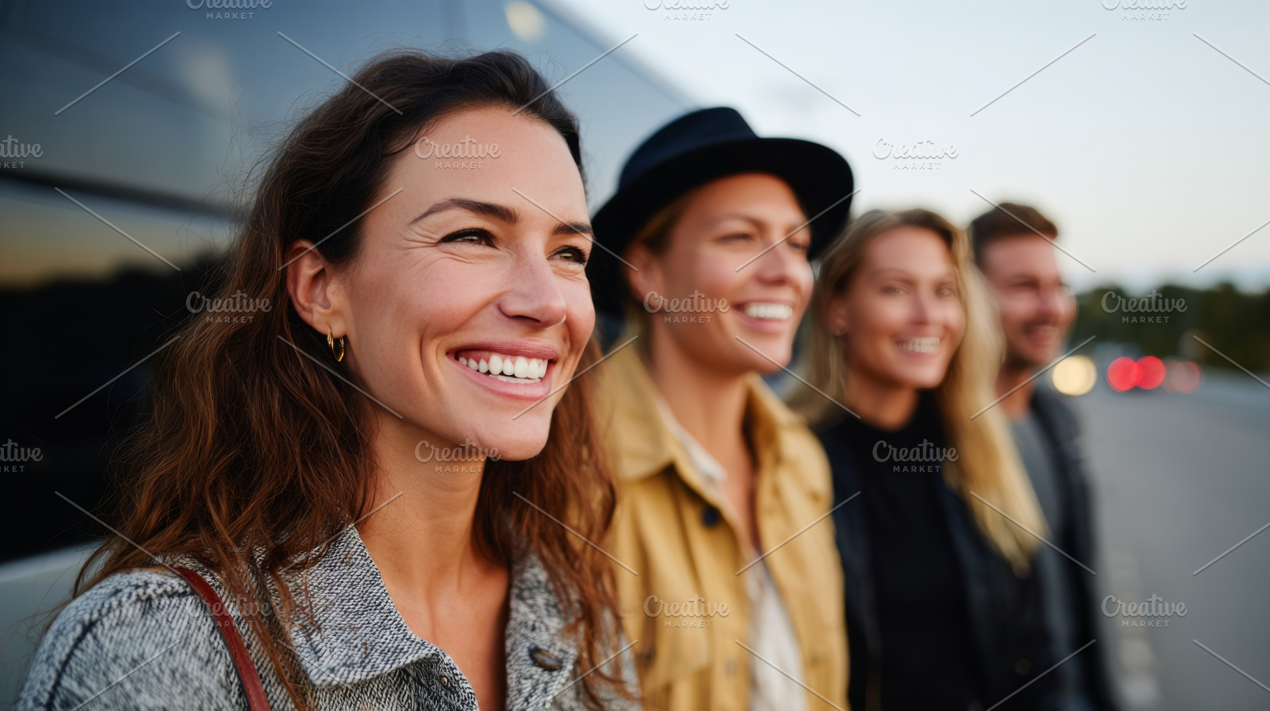 A group of four friends, three women and one man, enjoying a joyful moment duri, a Business Photo by ImageMir