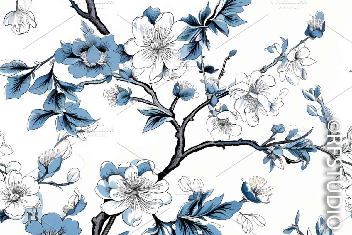 CHINOISERIE SPRING BLOSSOMS Seamless, a Texture Illustration by RefinedFantasyStudio (Photo 2 of 9)