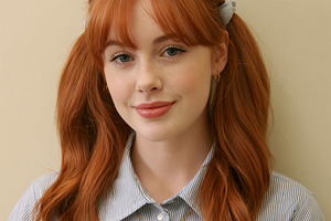 Portrait of a young red haired woman with pigtails, bangs, and f, a Person Photo by Studio ANNA