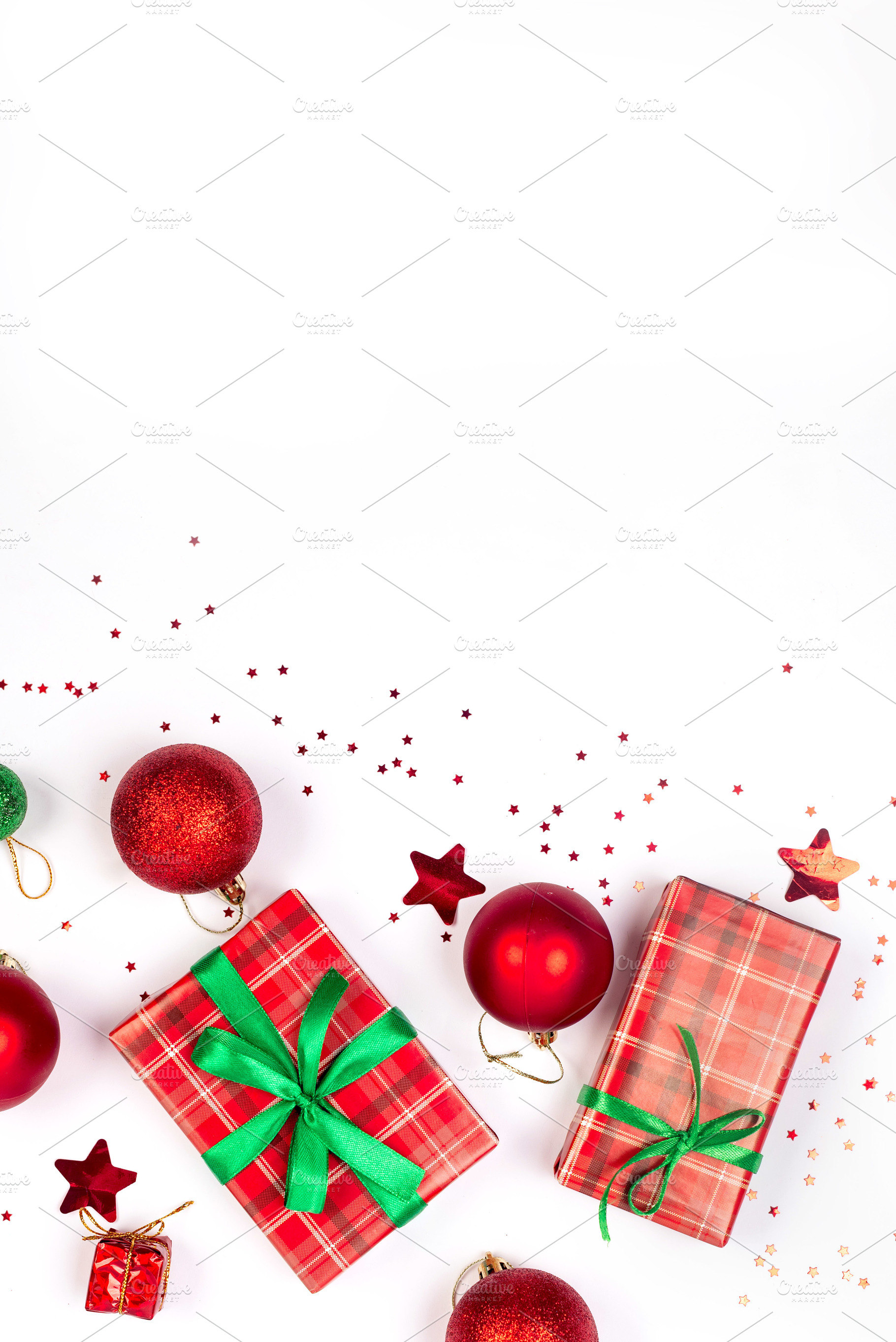 Christmas composition. Red gift boxes with green ribbon at white, a Holiday Photo by vimart