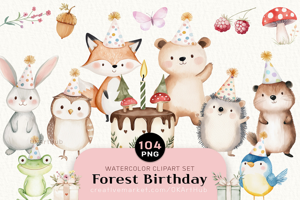 Woodland Birthday Animals Clipart, a Decorative Illustration by OKArtHub (Photo 1 of 9)