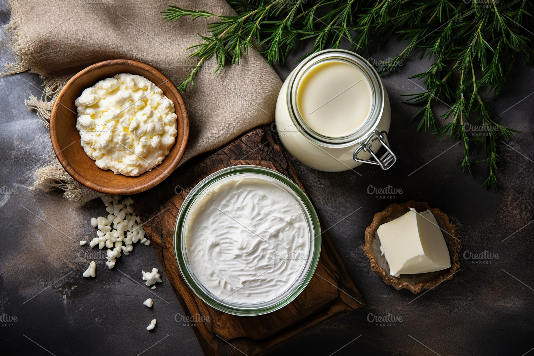 Fresh dairy products on grey background, a Food & Drink Photo by AlyaAnd