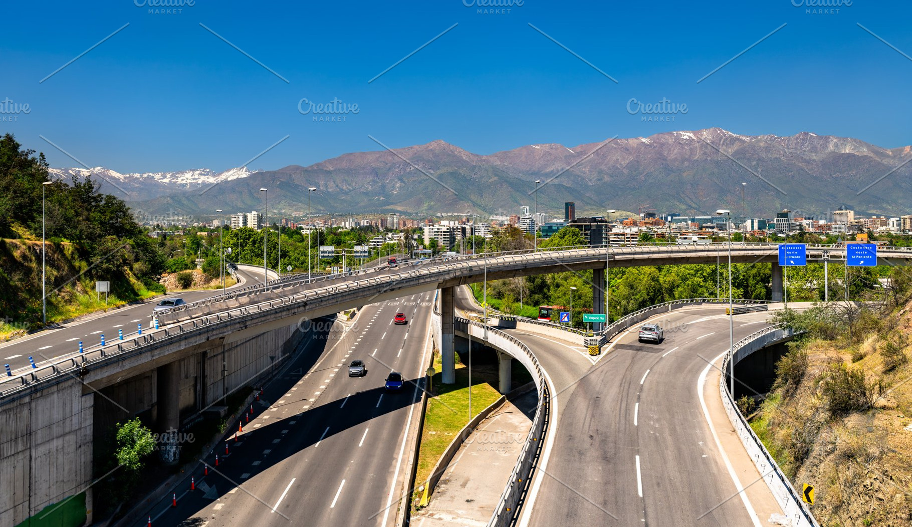 Highway interchange in Santiago Chile with Andes mountains, an Architecture Photo by Leonid Andronov