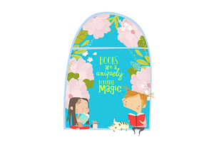 Cute girls reading book by the, an Education Illustration by Maria Starus