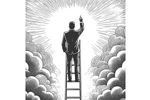 Businessman climbing ladder into the, a Person Illustration by AlexArt