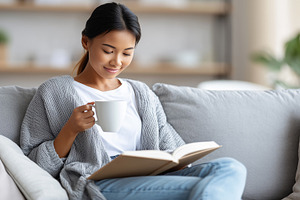 Young asian woman relaxes on a sofa, a Person Photo by MistyDay