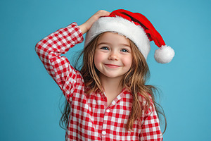 Smiling child girl in checkered pajamas and red santa hat, a Holiday Photo by AlyaAnd