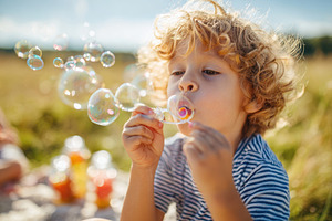 Boy blowing bubbles in a sunny field, a Person Photo by AlyaAnd