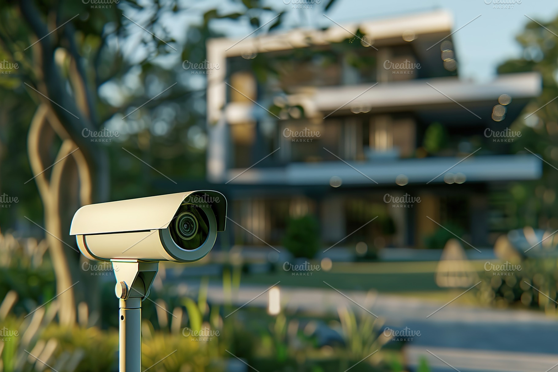 Modern public CCTV camera on blurred private house background, a Photo by AlyaAnd