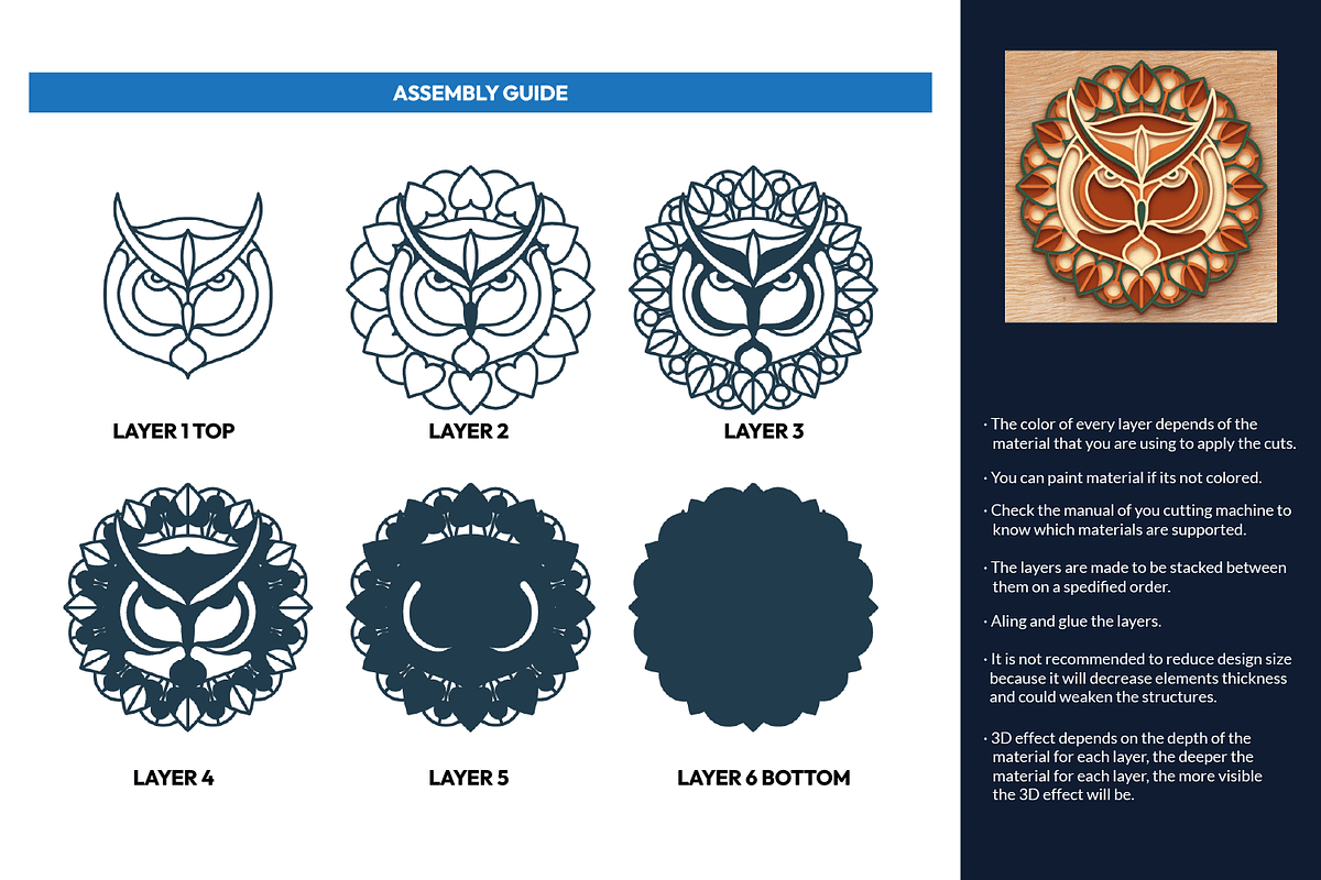 Owl 3D Mandala - SVG Laser cut file, an Object Graphic by Arshad Ali (Photo 2 of 8)