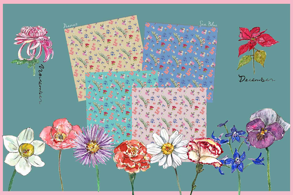 Birth Flower Clipart Digital Paper, a Decorative Illustration by VianneArt (Photo 2 of 9)