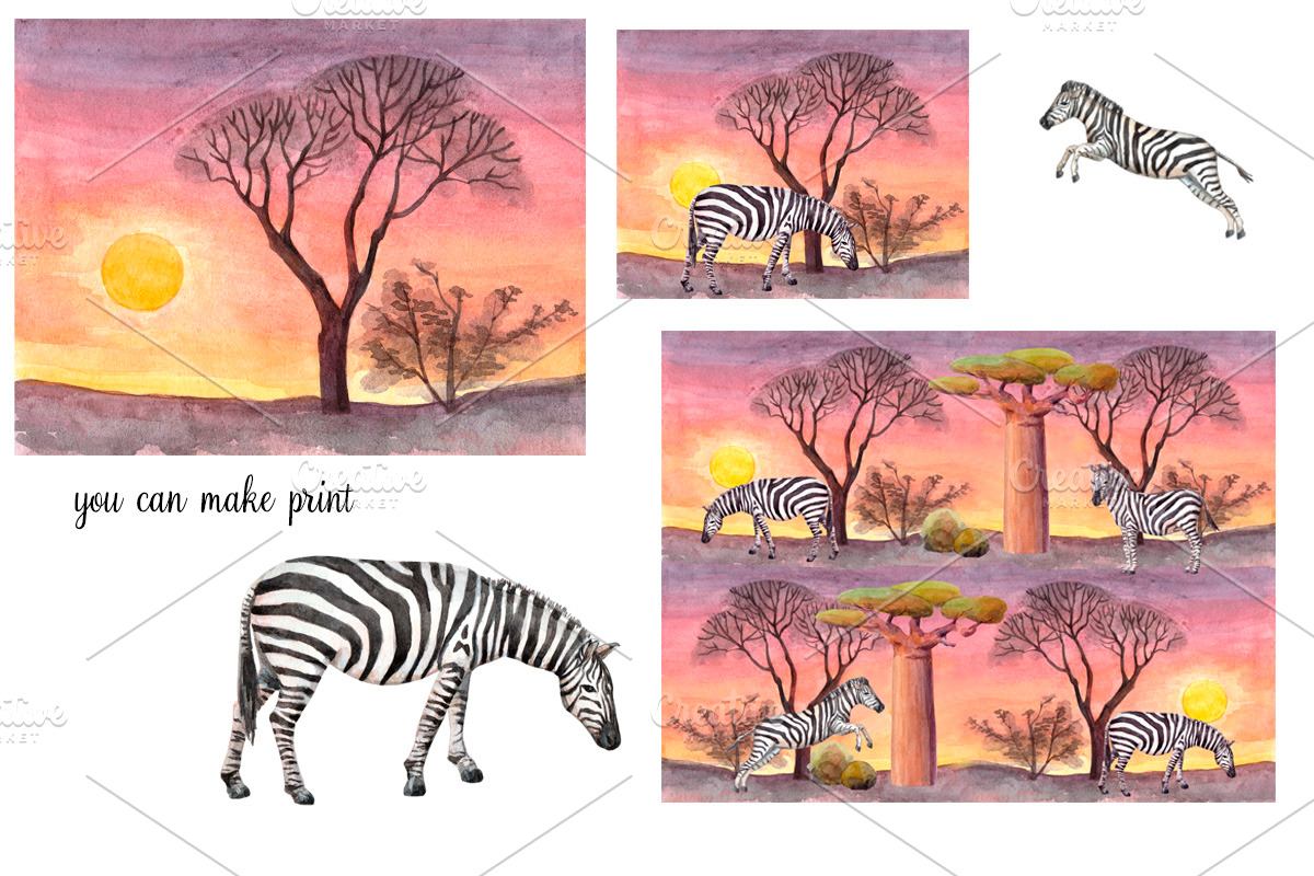Watercolor zebras and plants., an Animal Illustration by yulia.sukhanova (Photo 3 of 3)